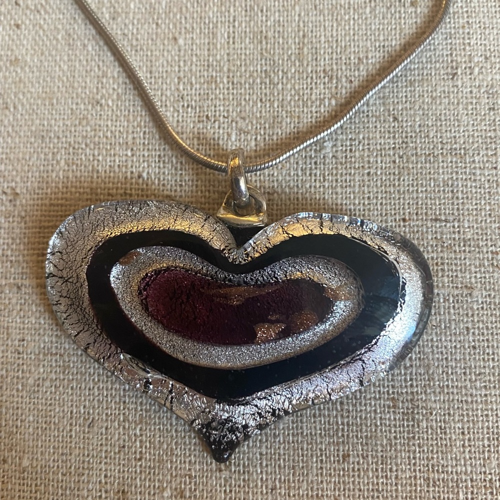 🌴Murano hand made glass heart with sterling findings and sterling chain